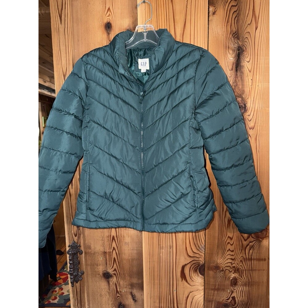 GAP Warmest Lightweight Puffer Jacket Green Full Zip Hand Pockets Medium